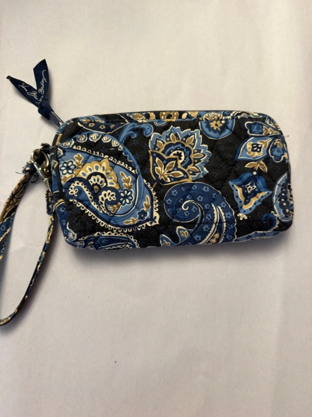 Vera Bradley Navy Blue Paisley Quilted Wristlet with Gold Accents - Picture 1 of 4